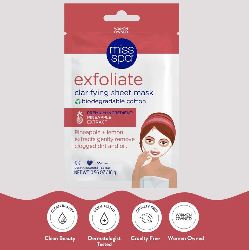 MISS SPA Exfoliate Facial Sheet Mask Pineapple Lemon Enzyme Sheet Mask to Remove Dead Skin, Clear Pores Brighten Dull Skin Dermatologist Tested, Cruelty-Free, 4-Pack - Image 3